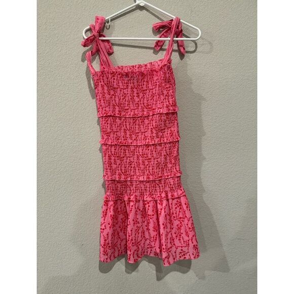 Chouyatou Women's Size Medium Ruched Tie Strap Tiered Mini Summer Dress Pink - Picture 1 of 3